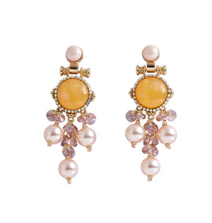 Niluk Designer Gold-Toned Earrings with Yellow Stone, Pink Pearls & Crystal Beads Earrings