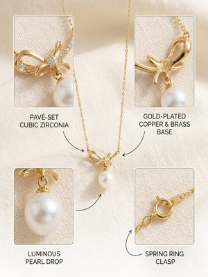 Niluk Gold-Plated Bow Design Pendant Necklace with Pearl Drop