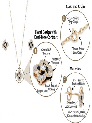 Niluk Elegant Gold-Tone Floral Pendant Necklace & Stud Earrings Set with Sparkling Stones and Black Enamel Detailing