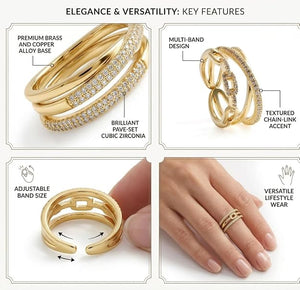 Niluk Trendy Gold-Plated Double Ring Set with Chain Link & Crystal Pave Design Adjustable Ring