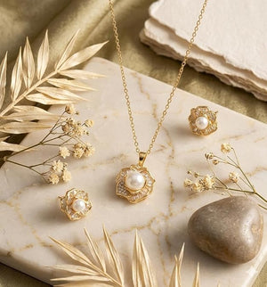 Niluk Elegant Pearl & Crystal Flower Pendant Necklace with Matching Earrings