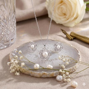 Niluk Elegant Pearl & Crystal Flower Pendant Necklace with Matching Earrings