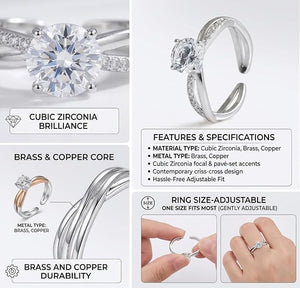 Niluk Classic Solitaire  Rhodium-Plated Ring with Sparkling Round-Cut Center Stone Adjustable Ring