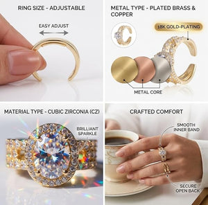 Niluk Luxury Gold-Plated Statement Ring with Oval Cut & Multi-Row Crystal Design Adjustable Ring