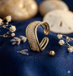Niluk Elegant Gold-Plated Wave Design Ring with Baguette & Round Crystal Accents Adjustable Ring