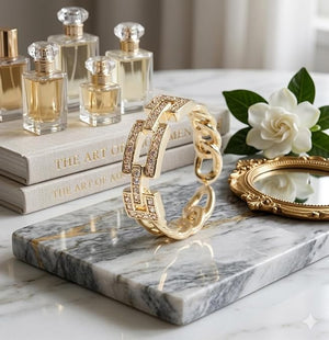 Niluk Trendy Gold-Plated Rectangular Link Ring with Sparkling Crystal Accents Adjustable Ring