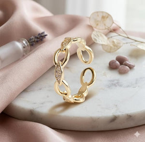 Niluk Elegant Gold-Tone Chain Link Ring with Leaf Motif & Sparkling Stones Adjustable Ring