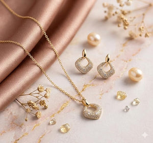 Niluk Gold-Plated Crystal Pendant Necklace with Matching Earrings