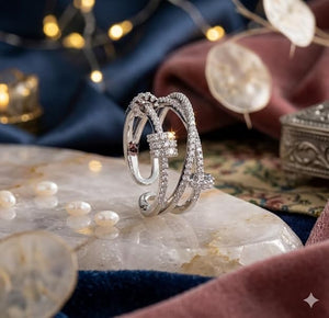 Niluk Elegant Rhodium-Tone Dual Ring Set with Floral & Crystal Spiral Design Adjustable Ring