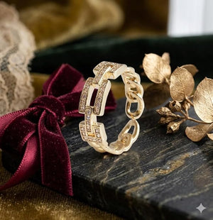Niluk Trendy Gold-Plated Rectangular Link Ring with Sparkling Crystal Accents Adjustable Ring