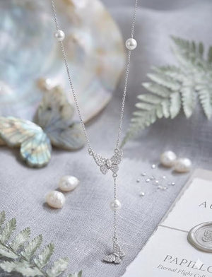 Niluk Elegant Rhodium Butterfly Pendant Necklace with Pearl Drop