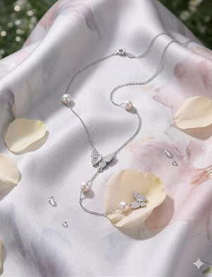 Niluk Elegant Rhodium Butterfly Pendant Necklace with Pearl Drop