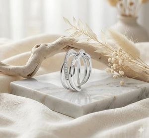 Niluk Trendy Rhodium-Plated Double Ring Set with Chain Link & Crystal Pave Design Adjustable Ring