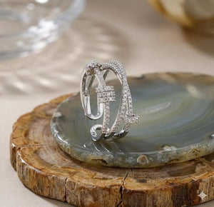 Niluk Elegant Rhodium-Tone Dual Ring Set with Floral & Crystal Spiral Design Adjustable Ring