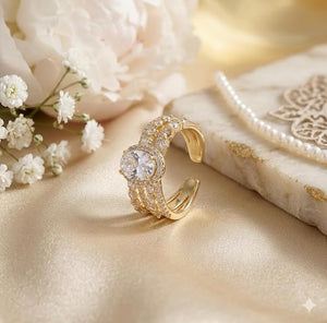 Niluk Luxury Gold-Plated Statement Ring with Oval Cut & Multi-Row Crystal Design Adjustable Ring