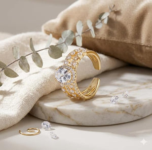 Niluk Luxury Gold-Plated Statement Ring with Oval Cut & Multi-Row Crystal Design Adjustable Ring