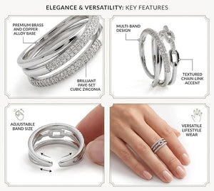Niluk Trendy Rhodium-Plated Double Ring Set with Chain Link & Crystal Pave Design Adjustable Ring