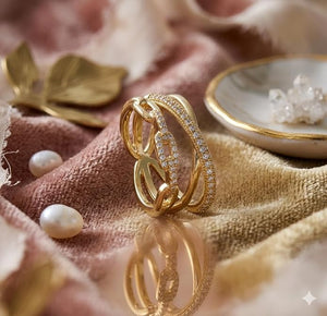 Niluk Trendy Gold-Plated Double Ring Set with Chain Link & Crystal Pave Design Adjustable Ring