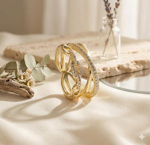 Niluk Trendy Gold-Plated Double Ring Set with Chain Link & Crystal Pave Design Adjustable Ring