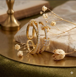 Niluk Elegant Gold-Tone Dual Ring Set with Floral & Crystal Spiral Design Adjustable Ring