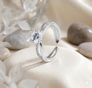 Niluk Classic Solitaire  Rhodium-Plated Ring with Sparkling Round-Cut Center Stone Adjustable Ring