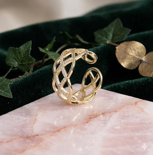Niluk Designer Gold-Tone Openwork Ring with Criss-Cross Lattice and Sparkling Accents Adjustable Ring