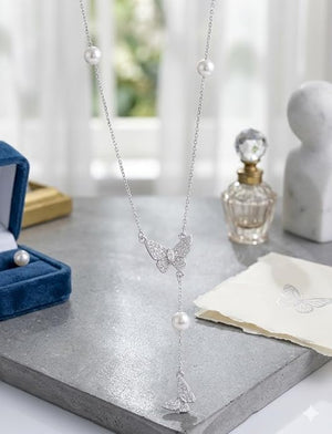 Niluk Elegant Rhodium Butterfly Pendant Necklace with Pearl Drop