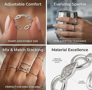 Niluk Elegant Rhodium-Tone Chain Link Ring with Leaf Motif & Sparkling Stones Adjustable Ring