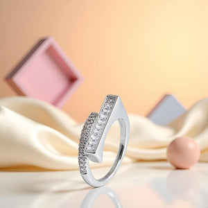 Niluk Elegant RhodiumTone Dual Ring Set with Baguette & Round Cut Design Adjustable Ring