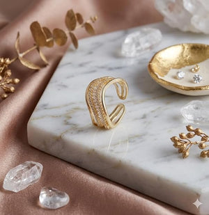 Niluk Elegant Gold-Plated Wave Design Ring with Baguette & Round Crystal Accents Adjustable Ring
