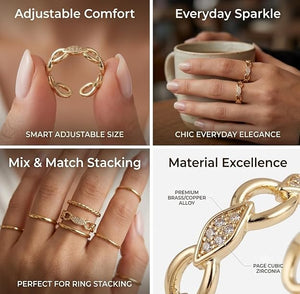 Niluk Elegant Gold-Tone Chain Link Ring with Leaf Motif & Sparkling Stones Adjustable Ring