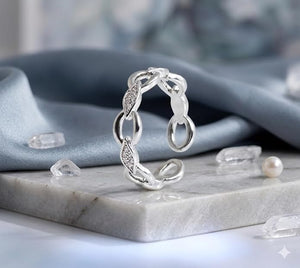 Niluk Elegant Rhodium-Tone Chain Link Ring with Leaf Motif & Sparkling Stones Adjustable Ring