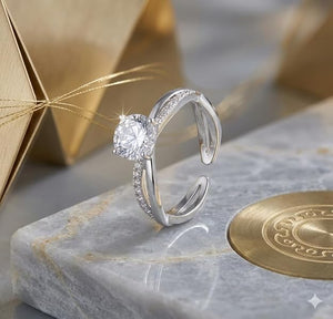 Niluk Classic Solitaire  Rhodium-Plated Ring with Sparkling Round-Cut Center Stone Adjustable Ring