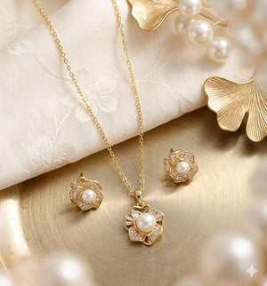 Niluk Elegant Pearl & Crystal Flower Pendant Necklace with Matching Earrings