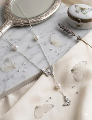 Niluk Elegant Rhodium Butterfly Pendant Necklace with Pearl Drop
