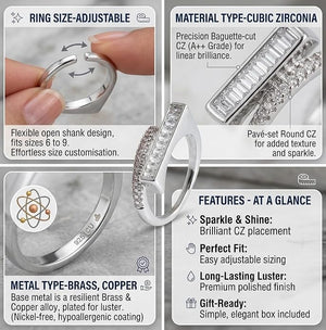 Niluk Elegant RhodiumTone Dual Ring Set with Baguette & Round Cut Design Adjustable Ring