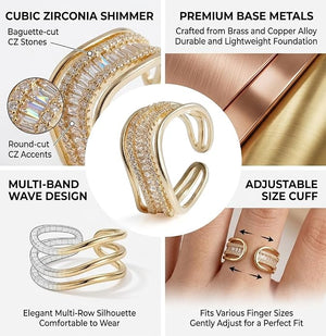 Niluk Elegant Gold-Plated Wave Design Ring with Baguette & Round Crystal Accents Adjustable Ring