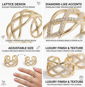 Niluk Designer Rhodium-Tone Openwork Ring with Criss-Cross Lattice and Sparkling Accents Adjustable Ring