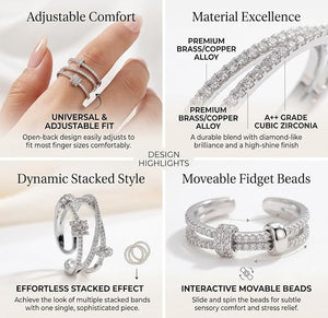 Niluk Elegant Rhodium-Tone Dual Ring Set with Floral & Crystal Spiral Design Adjustable Ring