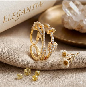 Niluk Elegant Gold-Tone Dual Ring Set with Floral & Crystal Spiral Design Adjustable Ring