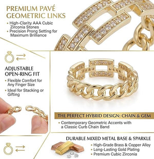 Niluk Trendy Gold-Plated Rectangular Link Ring with Sparkling Crystal Accents Adjustable Ring