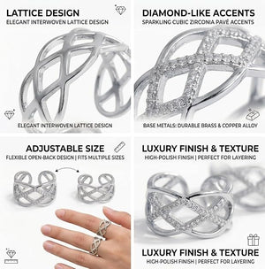 Niluk Designer Rhodium-Tone Openwork Ring with Criss-Cross Lattice and Sparkling Accents Adjustable Ring