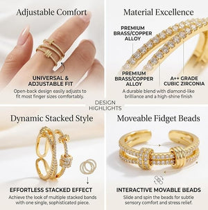 Niluk Elegant Gold-Tone Dual Ring Set with Floral & Crystal Spiral Design Adjustable Ring