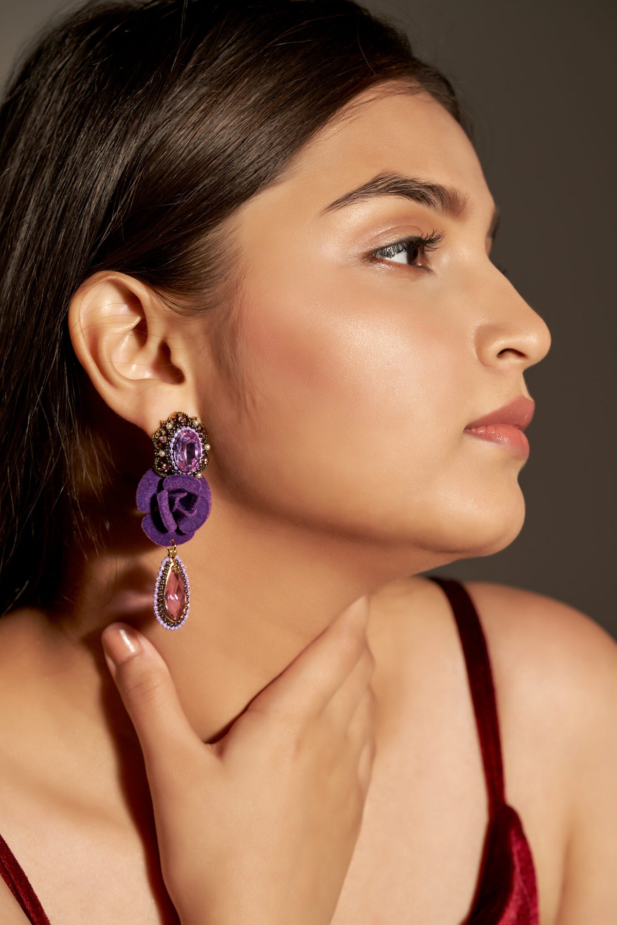 Niluk  Burgundy Crystal Statement Earrings
