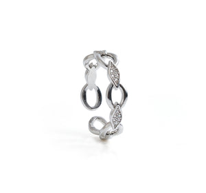 Niluk Elegant Rhodium-Tone Chain Link Ring with Leaf Motif & Sparkling Stones Adjustable Ring