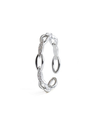Niluk Elegant Rhodium-Tone Chain Link Ring with Leaf Motif & Sparkling Stones Adjustable Ring