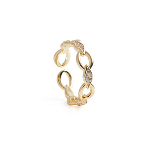 Niluk Elegant Gold-Tone Chain Link Ring with Leaf Motif & Sparkling Stones Adjustable Ring