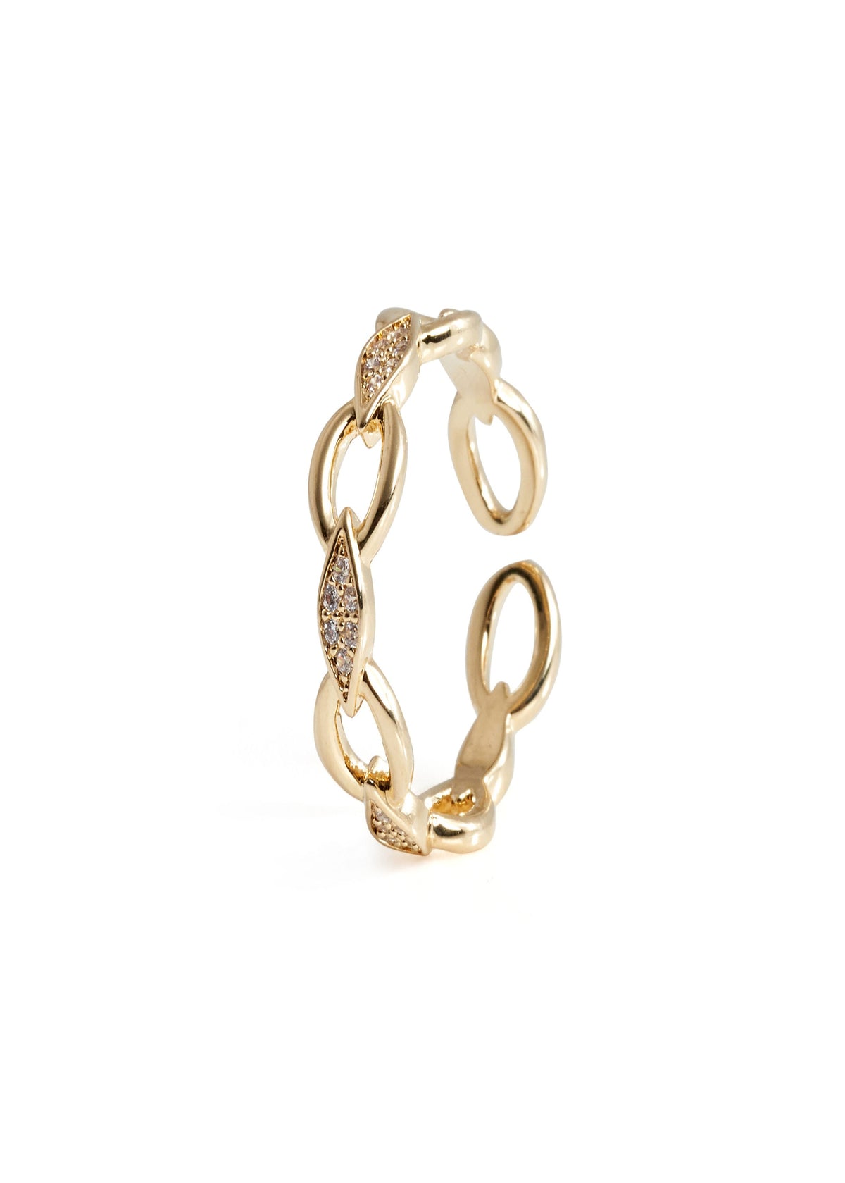 Niluk Elegant Gold-Tone Chain Link Ring with Leaf Motif & Sparkling Stones Adjustable Ring