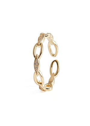Niluk Elegant Gold-Tone Chain Link Ring with Leaf Motif & Sparkling Stones Adjustable Ring