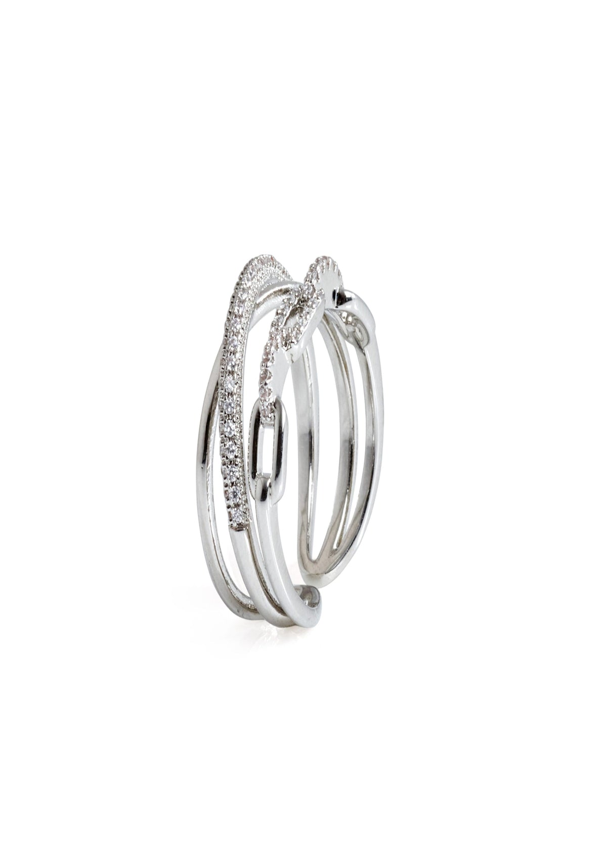 Niluk Trendy Rhodium-Plated Double Ring Set with Chain Link & Crystal Pave Design Adjustable Ring